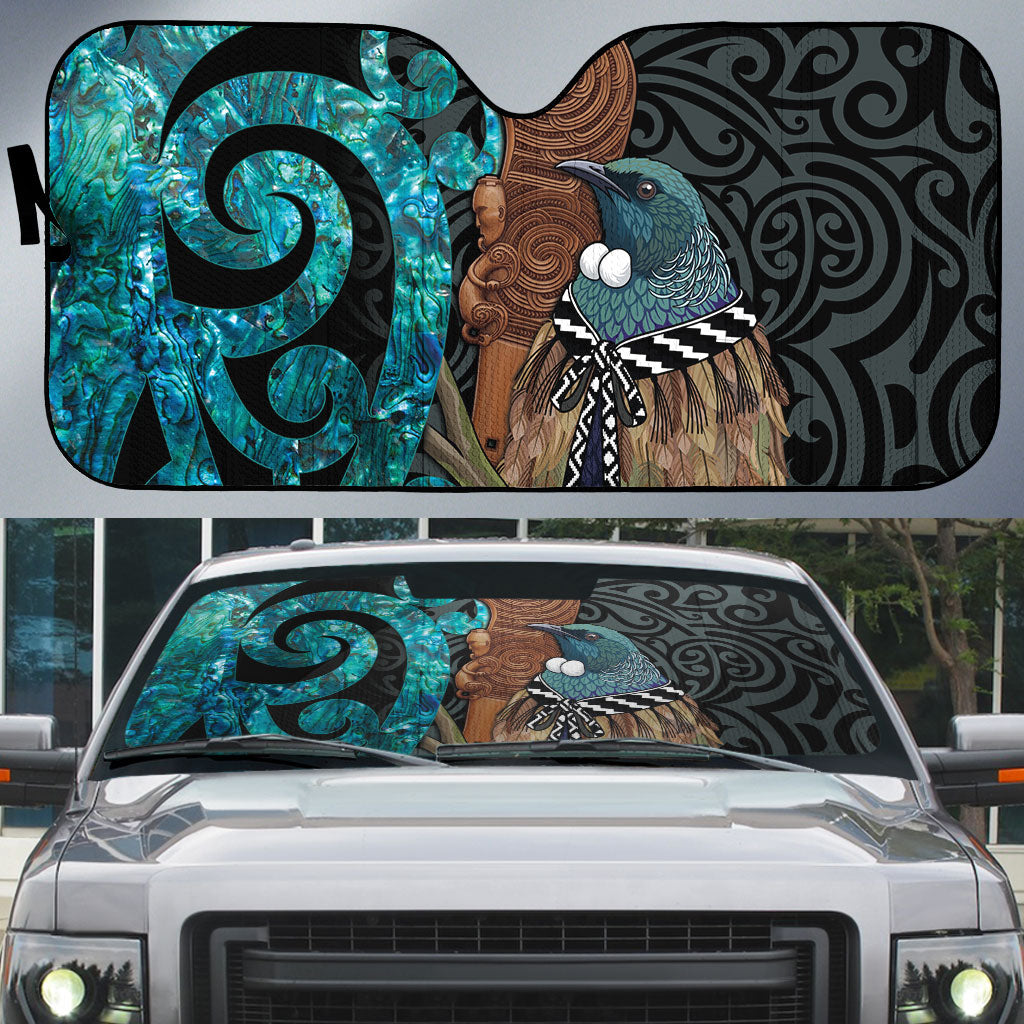 New Zealand Tui Bird Wahaika Auto Sun Shade Maori Weapon Paua Shell Koru Pattern LT22 Black - Polynesian Pride