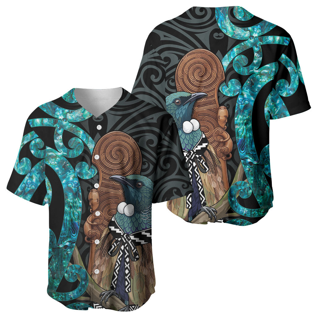 New Zealand Tui Bird Wahaika Baseball Jersey Maori Weapon Paua Shell Koru Pattern
