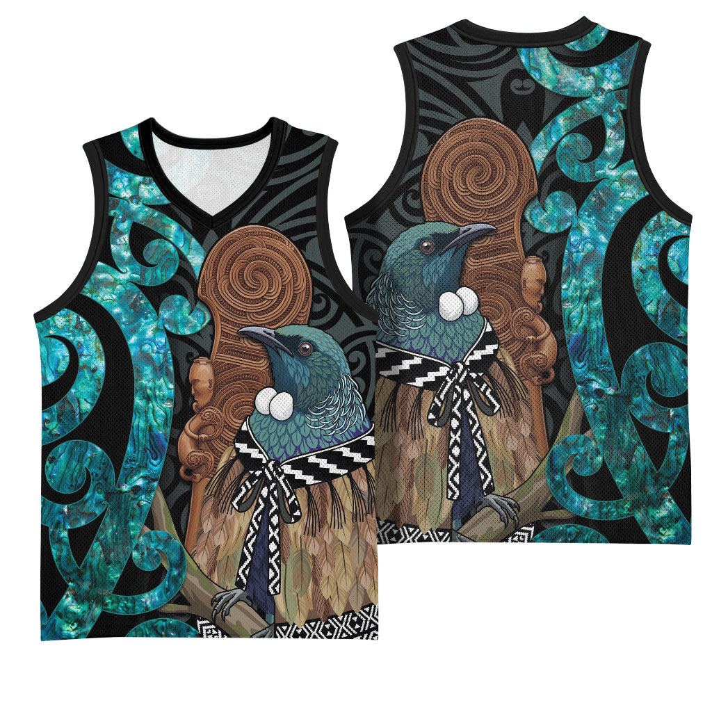New Zealand Tui Bird Wahaika Basketball Jersey Maori Weapon Paua Shell Koru Pattern