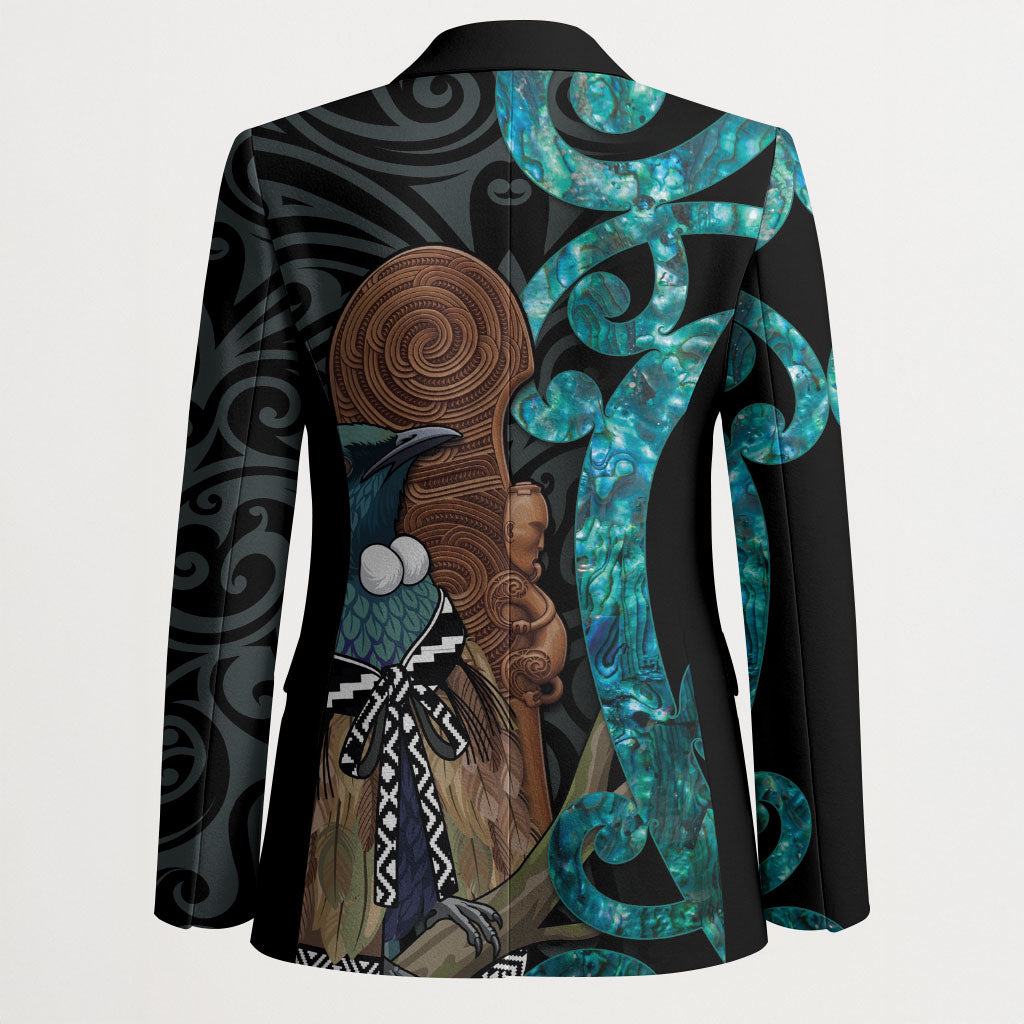 New Zealand Tui Bird Wahaika Blazer Maori Weapon Paua Shell Koru Pattern