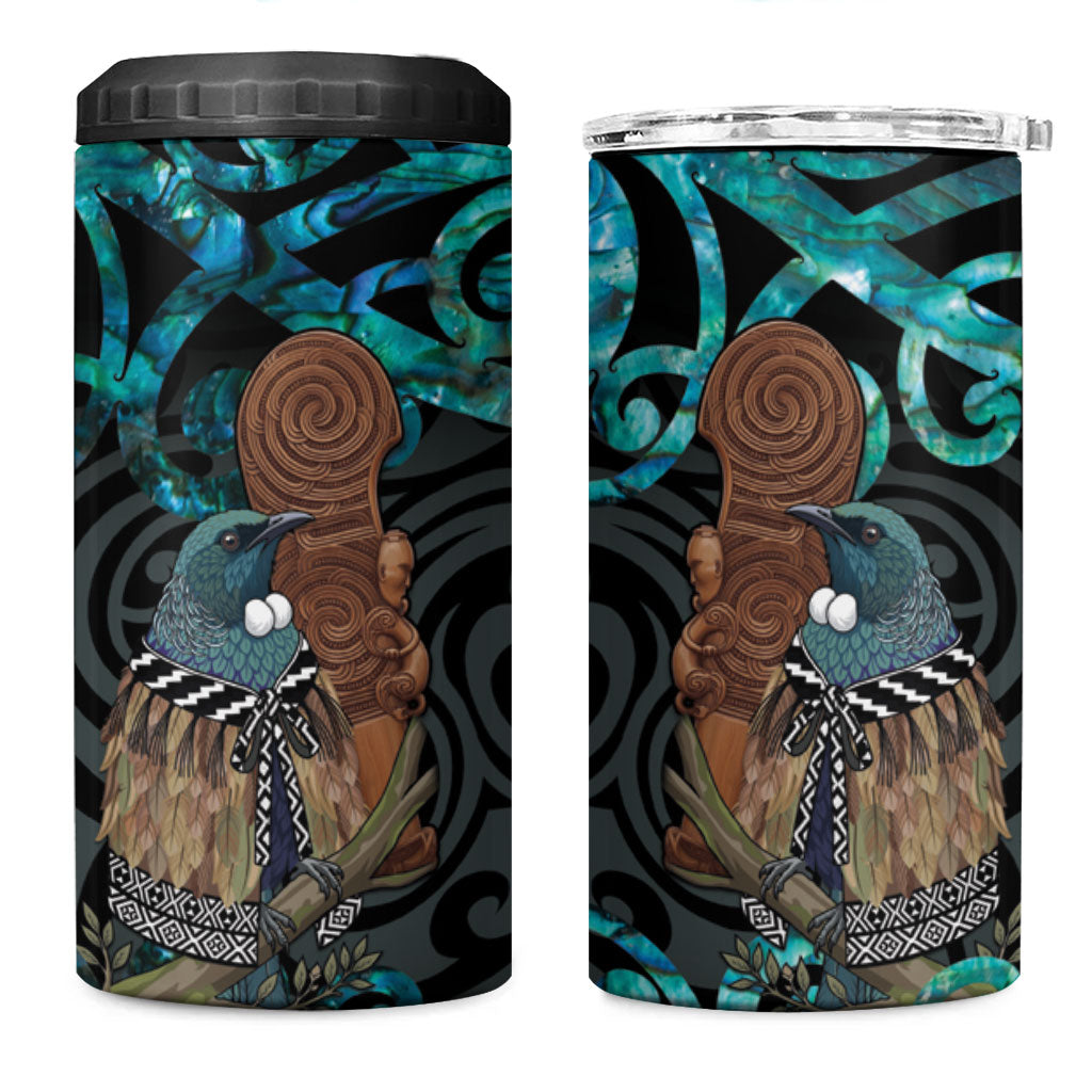 New Zealand Tui Bird Wahaika 4 in 1 Can Cooler Tumbler Maori Weapon Paua Shell Koru Pattern