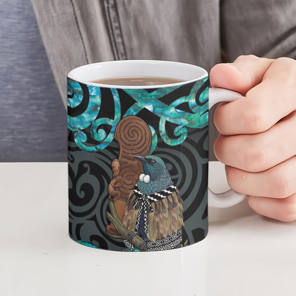 New Zealand Tui Bird Wahaika Ceramic Mug Maori Weapon Paua Shell Koru Pattern