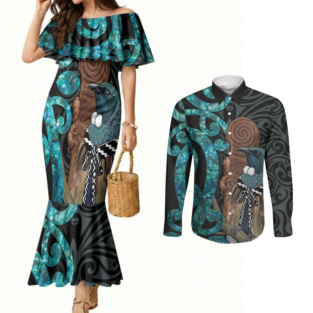 New Zealand Tui Bird Wahaika Couples Matching Mermaid Dress and Long Sleeve Button Shirt Maori Weapon Paua Shell Koru Pattern