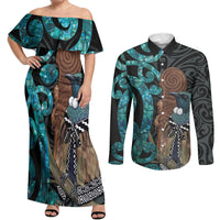 New Zealand Tui Bird Wahaika Couples Matching Off Shoulder Maxi Dress and Long Sleeve Button Shirt Maori Weapon Paua Shell Koru Pattern