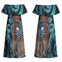 New Zealand Tui Bird Wahaika Couples Matching Off Shoulder Maxi Dress and Long Sleeve Button Shirt Maori Weapon Paua Shell Koru Pattern