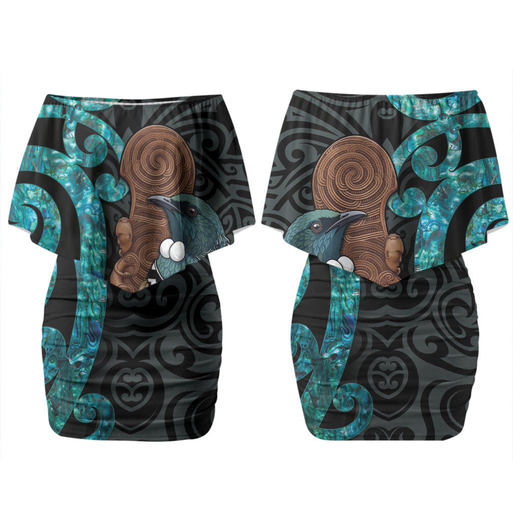 New Zealand Tui Bird Wahaika Couples Matching Off Shoulder Short Dress and Hawaiian Shirt Maori Weapon Paua Shell Koru Pattern