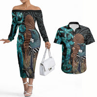 New Zealand Tui Bird Wahaika Couples Matching Off The Shoulder Long Sleeve Dress and Hawaiian Shirt Maori Weapon Paua Shell Koru Pattern