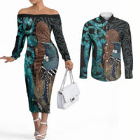 New Zealand Tui Bird Wahaika Couples Matching Off The Shoulder Long Sleeve Dress and Long Sleeve Button Shirt Maori Weapon Paua Shell Koru Pattern