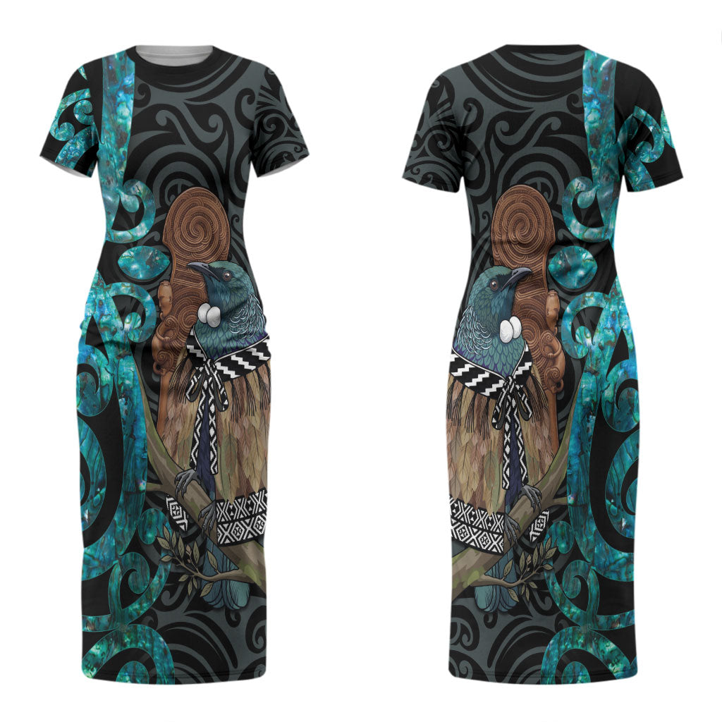 New Zealand Tui Bird Wahaika Couples Matching Short Sleeve Bodycon Dress and Long Sleeve Button Shirt Maori Weapon Paua Shell Koru Pattern