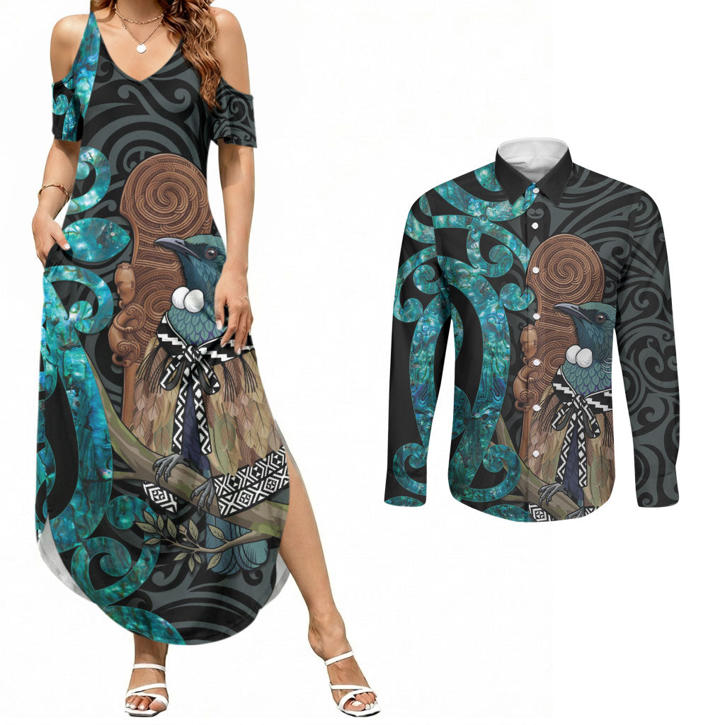 New Zealand Tui Bird Wahaika Couples Matching Summer Maxi Dress and Long Sleeve Button Shirt Maori Weapon Paua Shell Koru Pattern