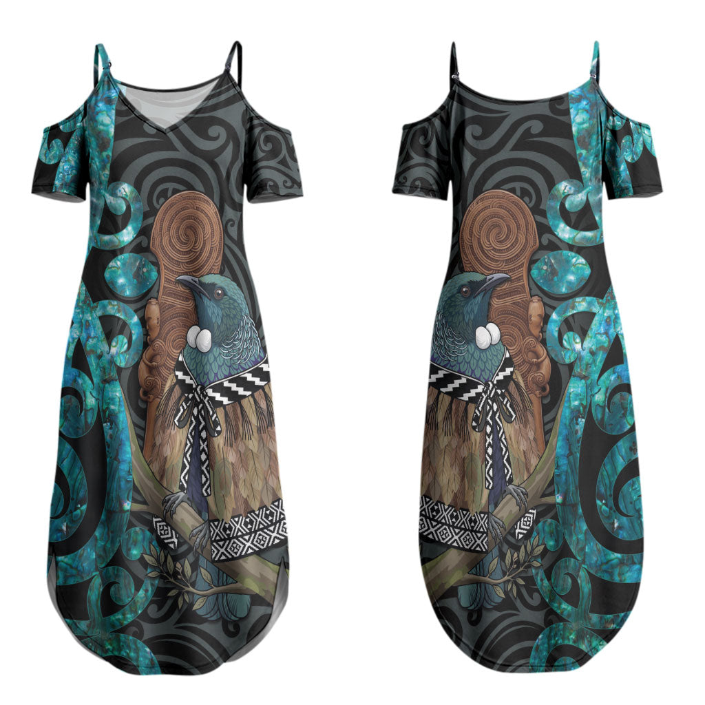 New Zealand Tui Bird Wahaika Couples Matching Summer Maxi Dress and Long Sleeve Button Shirt Maori Weapon Paua Shell Koru Pattern