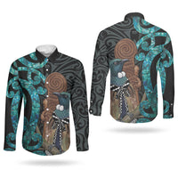 New Zealand Tui Bird Wahaika Couples Matching Tank Maxi Dress and Long Sleeve Button Shirt Maori Weapon Paua Shell Koru Pattern