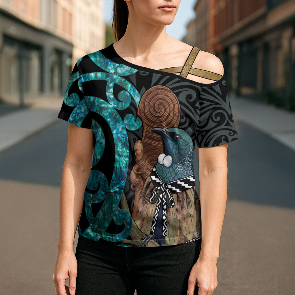 New Zealand Tui Bird Wahaika Cross Shoulder Shirt Maori Weapon Paua Shell Koru Pattern