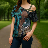 New Zealand Tui Bird Wahaika Cross Shoulder Shirt Maori Weapon Paua Shell Koru Pattern