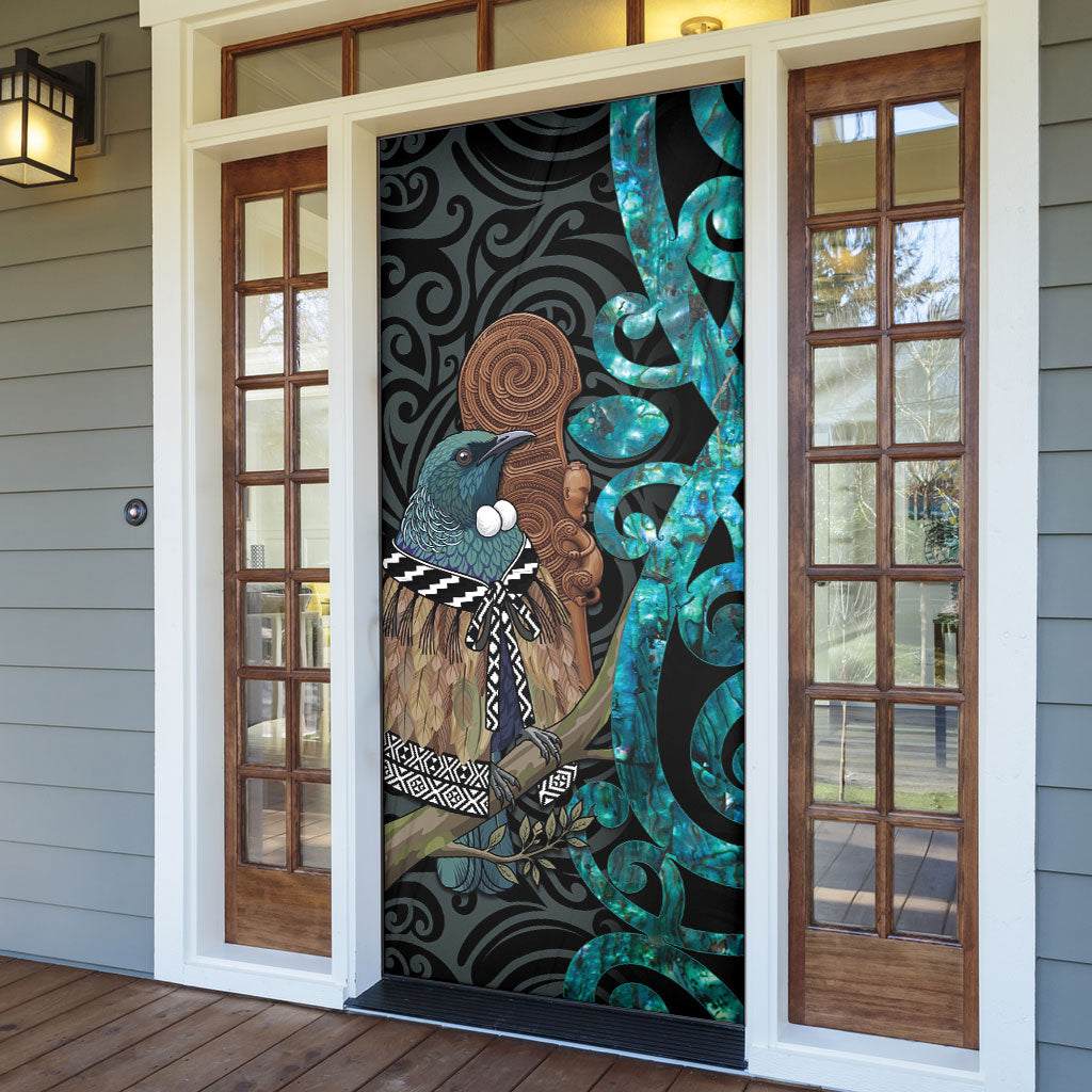 New Zealand Tui Bird Wahaika Door Cover Maori Weapon Paua Shell Koru Pattern