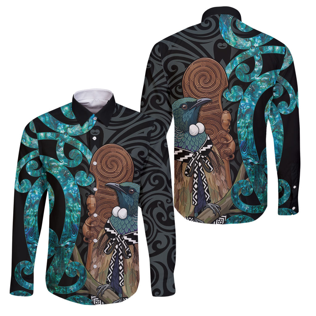 New Zealand Tui Bird Wahaika Family Matching Long Sleeve Bodycon Dress and Hawaiian Shirt Maori Weapon Paua Shell Koru Pattern