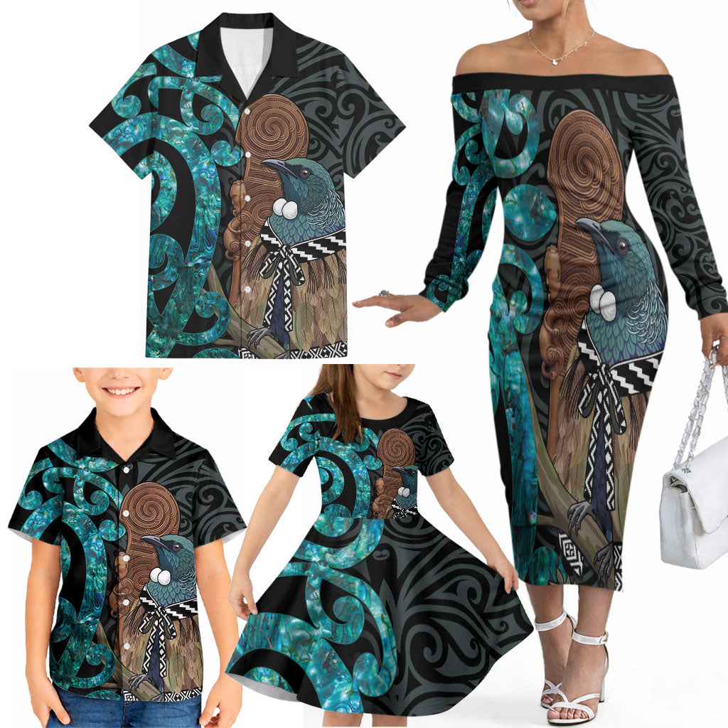 New Zealand Tui Bird Wahaika Family Matching Off The Shoulder Long Sleeve Dress and Hawaiian Shirt Maori Weapon Paua Shell Koru Pattern