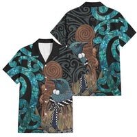 New Zealand Tui Bird Wahaika Family Matching Off The Shoulder Long Sleeve Dress and Hawaiian Shirt Maori Weapon Paua Shell Koru Pattern