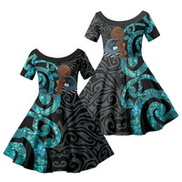 New Zealand Tui Bird Wahaika Family Matching Off Shoulder Maxi Dress and Hawaiian Shirt Maori Weapon Paua Shell Koru Pattern