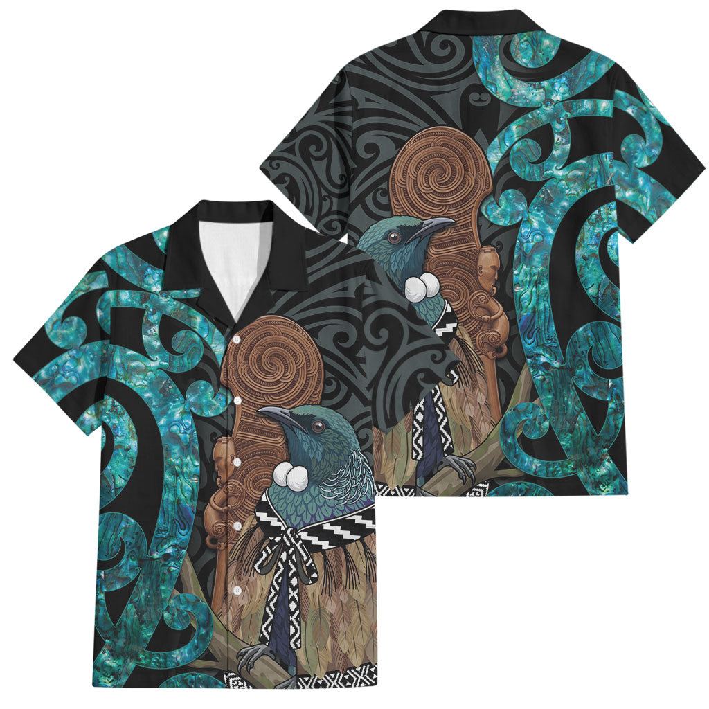 New Zealand Tui Bird Wahaika Family Matching Puletasi and Hawaiian Shirt Maori Weapon Paua Shell Koru Pattern