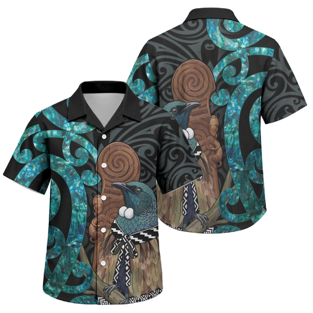 New Zealand Tui Bird Wahaika Family Matching Puletasi and Hawaiian Shirt Maori Weapon Paua Shell Koru Pattern