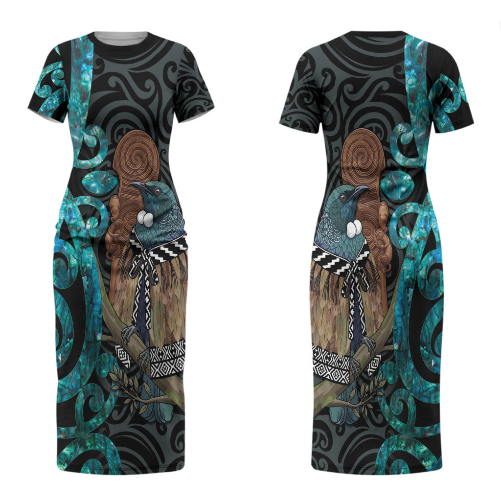 New Zealand Tui Bird Wahaika Family Matching Short Sleeve Bodycon Dress and Hawaiian Shirt Maori Weapon Paua Shell Koru Pattern