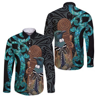 New Zealand Tui Bird Wahaika Family Matching Short Sleeve Bodycon Dress and Hawaiian Shirt Maori Weapon Paua Shell Koru Pattern