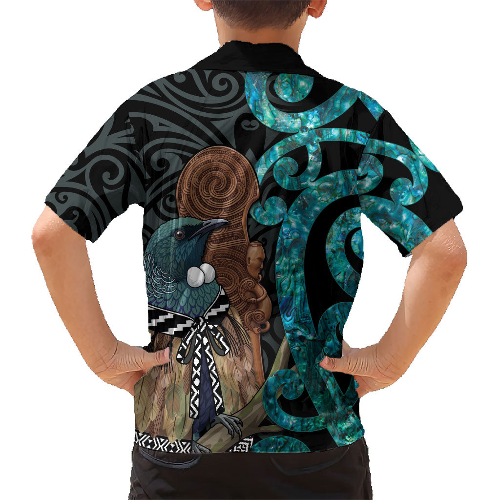 New Zealand Tui Bird Wahaika Hawaiian Shirt Maori Weapon Paua Shell Koru Pattern