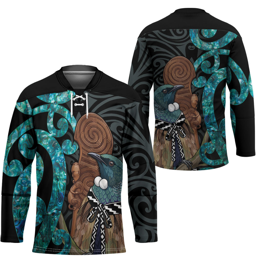 New Zealand Tui Bird Wahaika Hockey Jersey Maori Weapon Paua Shell Koru Pattern