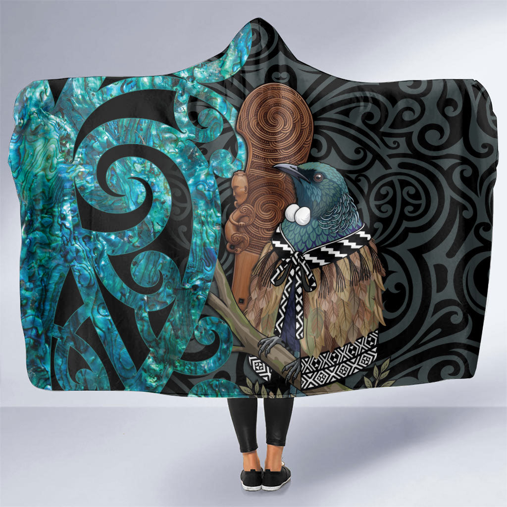 New Zealand Tui Bird Wahaika Hooded Blanket Maori Weapon Paua Shell Koru Pattern