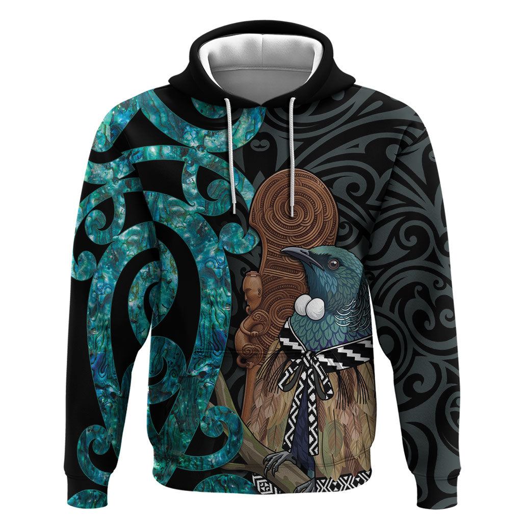 New Zealand Tui Bird Wahaika Hoodie Maori Weapon Paua Shell Koru Pattern