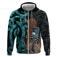 New Zealand Tui Bird Wahaika Hoodie Maori Weapon Paua Shell Koru Pattern