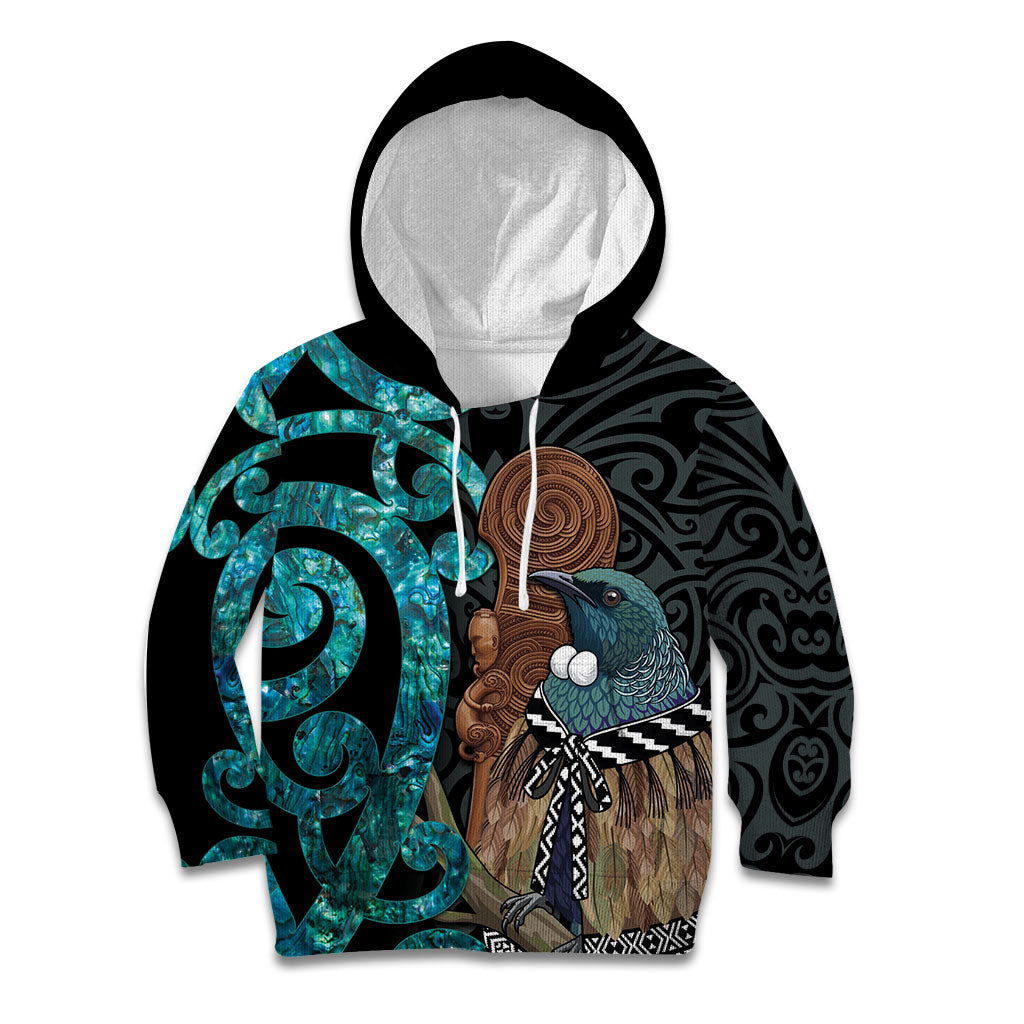 New Zealand Tui Bird Wahaika Kid Hoodie Maori Weapon Paua Shell Koru Pattern