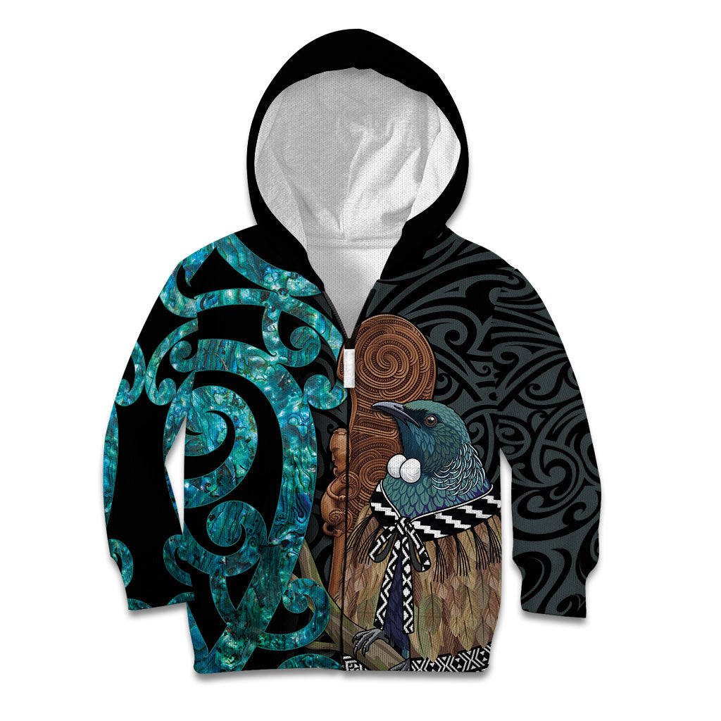 New Zealand Tui Bird Wahaika Kid Hoodie Maori Weapon Paua Shell Koru Pattern