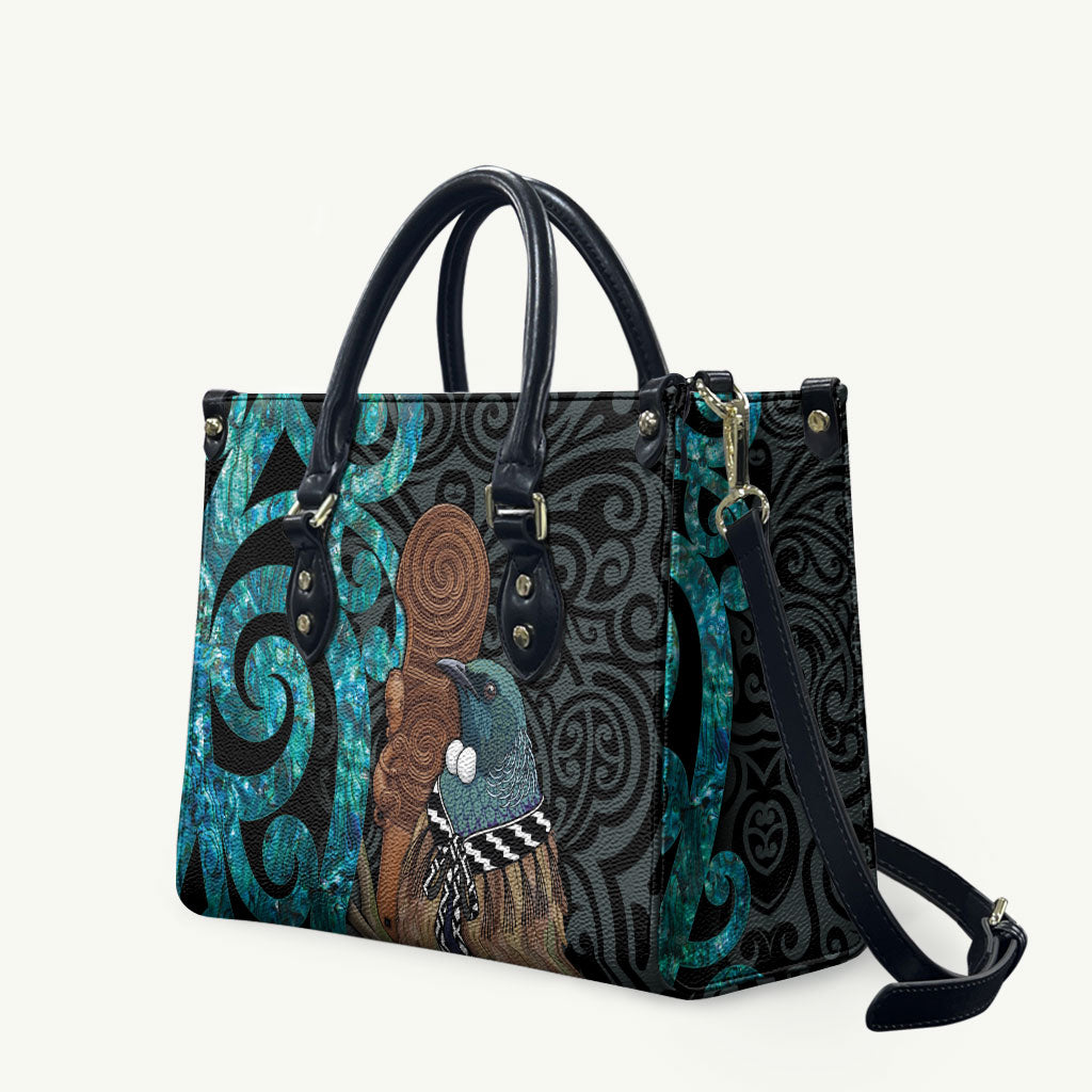 New Zealand Tui Bird Wahaika Leather Bag Maori Weapon Paua Shell Koru Pattern LT22 Black - Polynesian Pride