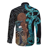 New Zealand Tui Bird Wahaika Long Sleeve Button Shirt Maori Weapon Paua Shell Koru Pattern