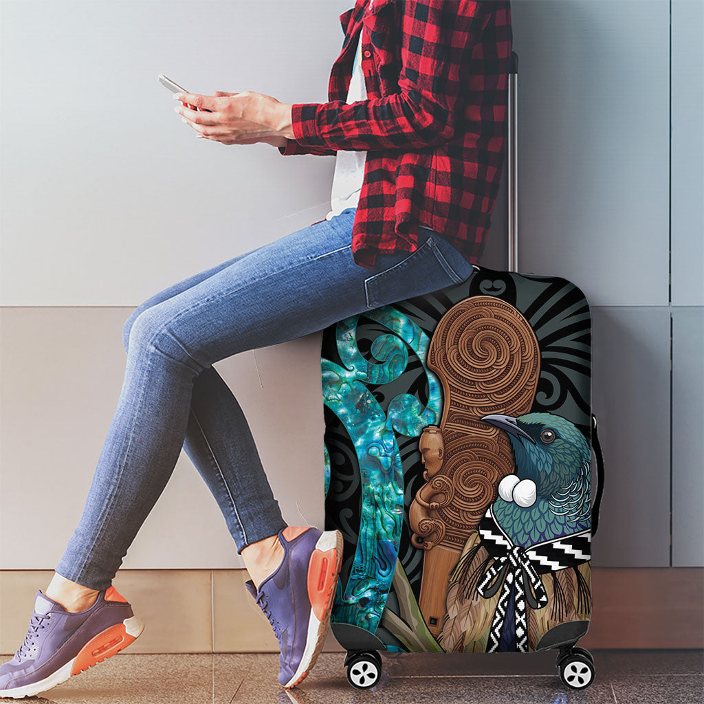 New Zealand Tui Bird Wahaika Luggage Cover Maori Weapon Paua Shell Koru Pattern