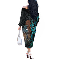 New Zealand Tui Bird Wahaika Off The Shoulder Long Sleeve Dress Maori Weapon Paua Shell Koru Pattern