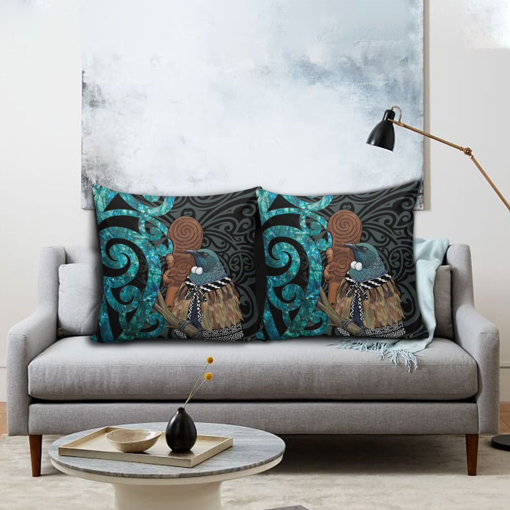 New Zealand Tui Bird Wahaika Pillow Cover Maori Weapon Paua Shell Koru Pattern