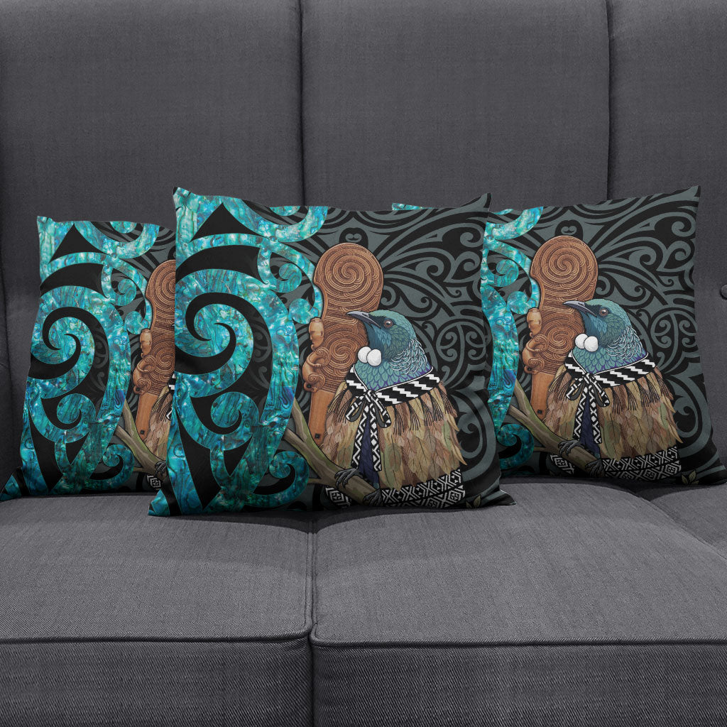 New Zealand Tui Bird Wahaika Pillow Cover Maori Weapon Paua Shell Koru Pattern