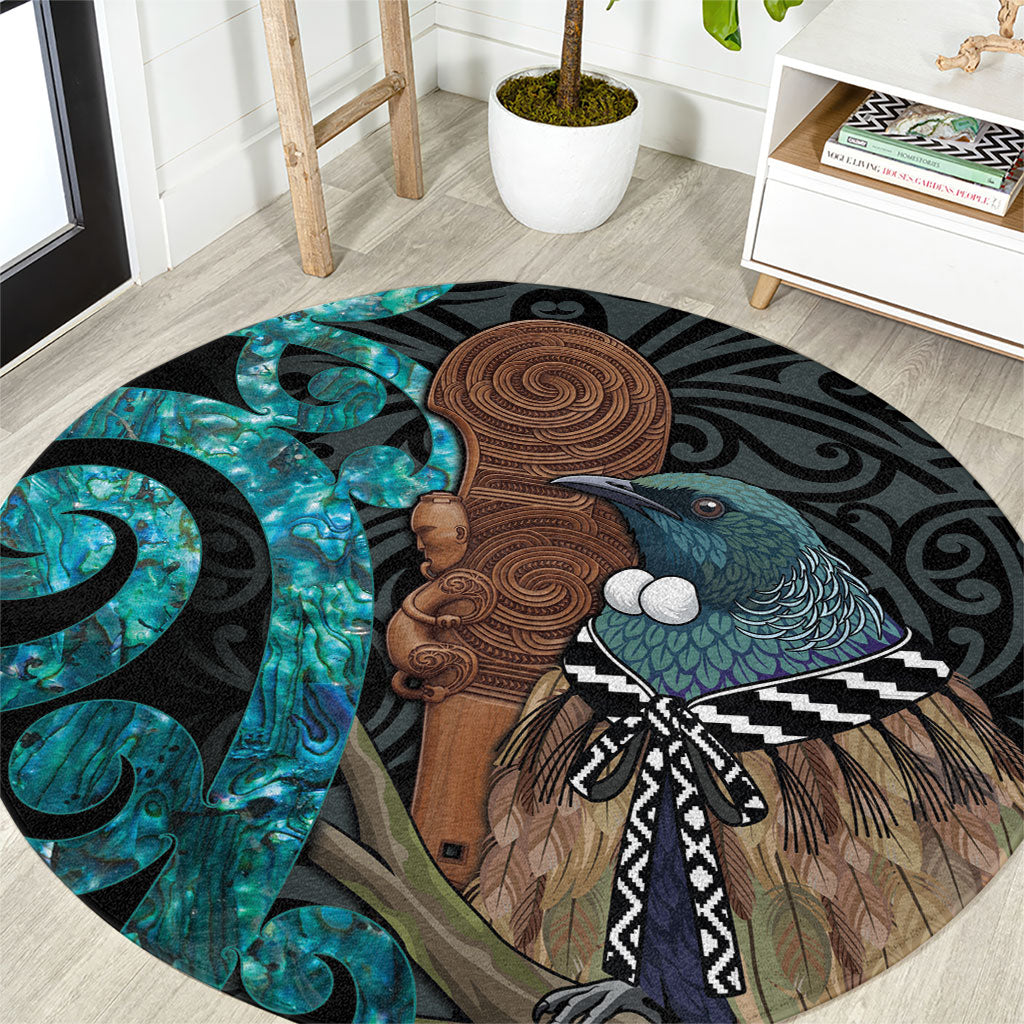 New Zealand Tui Bird Wahaika Round Carpet Maori Weapon Paua Shell Koru Pattern