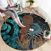 New Zealand Tui Bird Wahaika Round Carpet Maori Weapon Paua Shell Koru Pattern