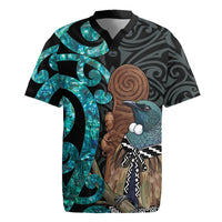 New Zealand Tui Bird Wahaika Rugby Jersey Maori Weapon Paua Shell Koru Pattern