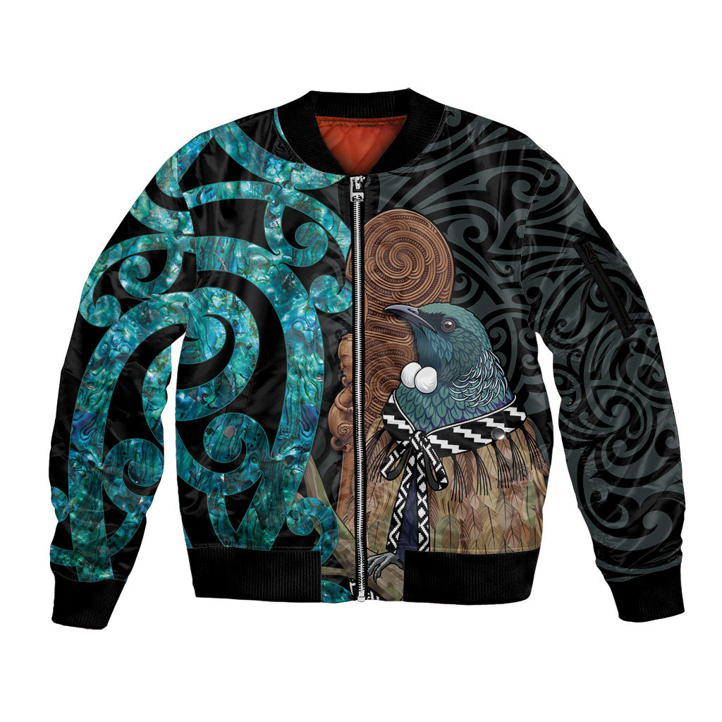 New Zealand Tui Bird Wahaika Sleeve Zip Bomber Jacket Maori Weapon Paua Shell Koru Pattern