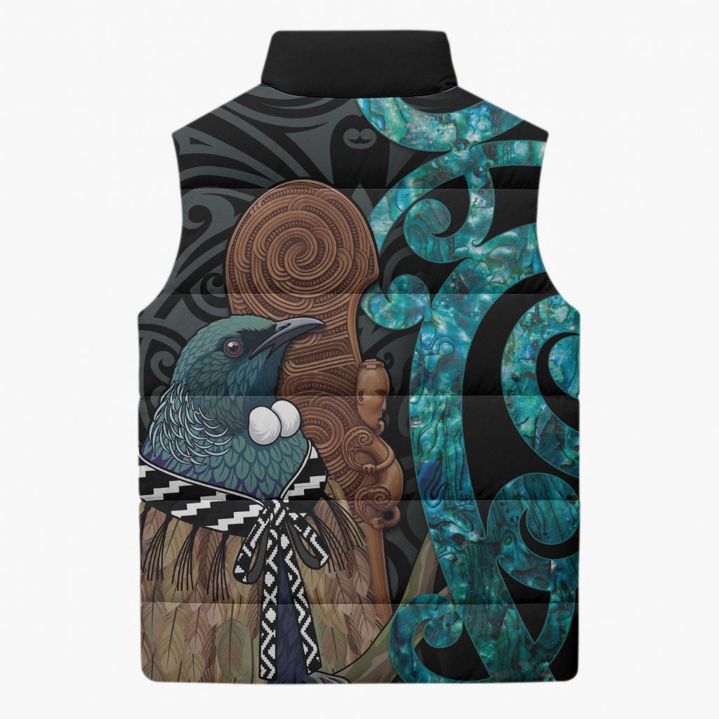New Zealand Tui Bird Wahaika Sleeveless Puffer Jacket Maori Weapon Paua Shell Koru Pattern