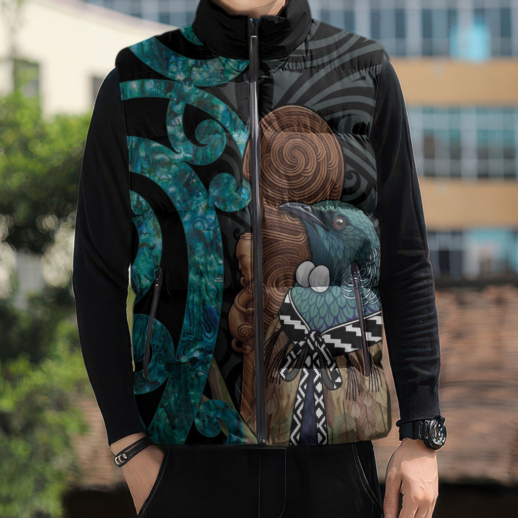 New Zealand Tui Bird Wahaika Sleeveless Puffer Jacket Maori Weapon Paua Shell Koru Pattern