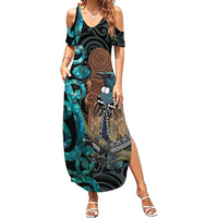 New Zealand Tui Bird Wahaika Summer Maxi Dress Maori Weapon Paua Shell Koru Pattern
