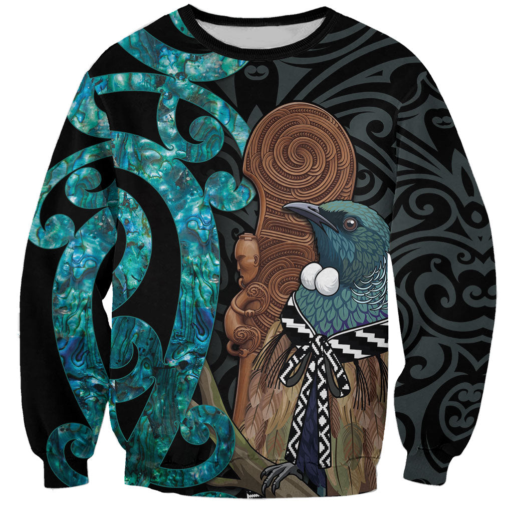 New Zealand Tui Bird Wahaika Sweatshirt Maori Weapon Paua Shell Koru Pattern