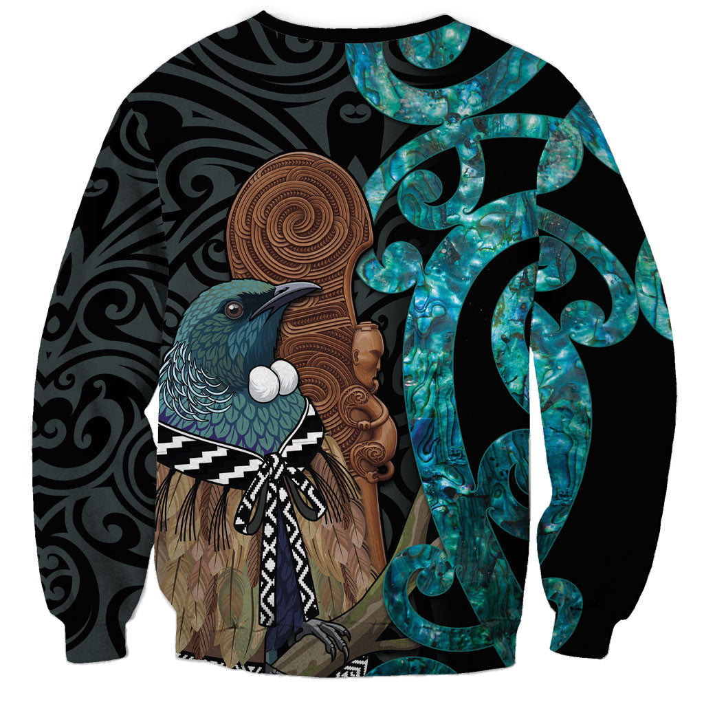 New Zealand Tui Bird Wahaika Sweatshirt Maori Weapon Paua Shell Koru Pattern