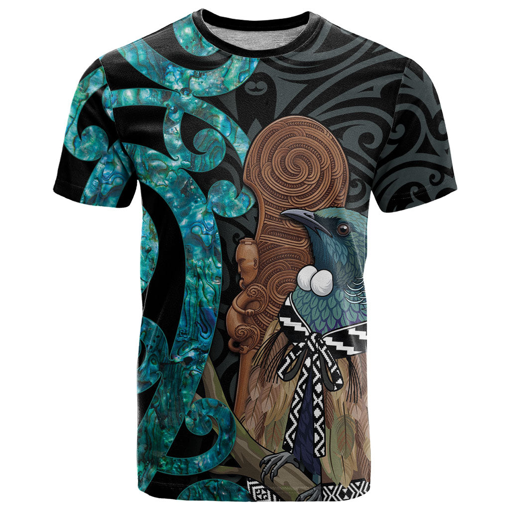 New Zealand Tui Bird Wahaika T Shirt Maori Weapon Paua Shell Koru Pattern